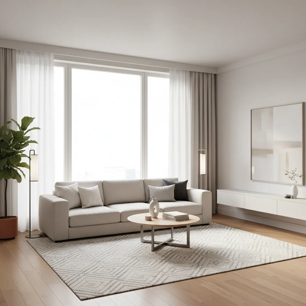 Render realista de una sala moderna con iluminación natural