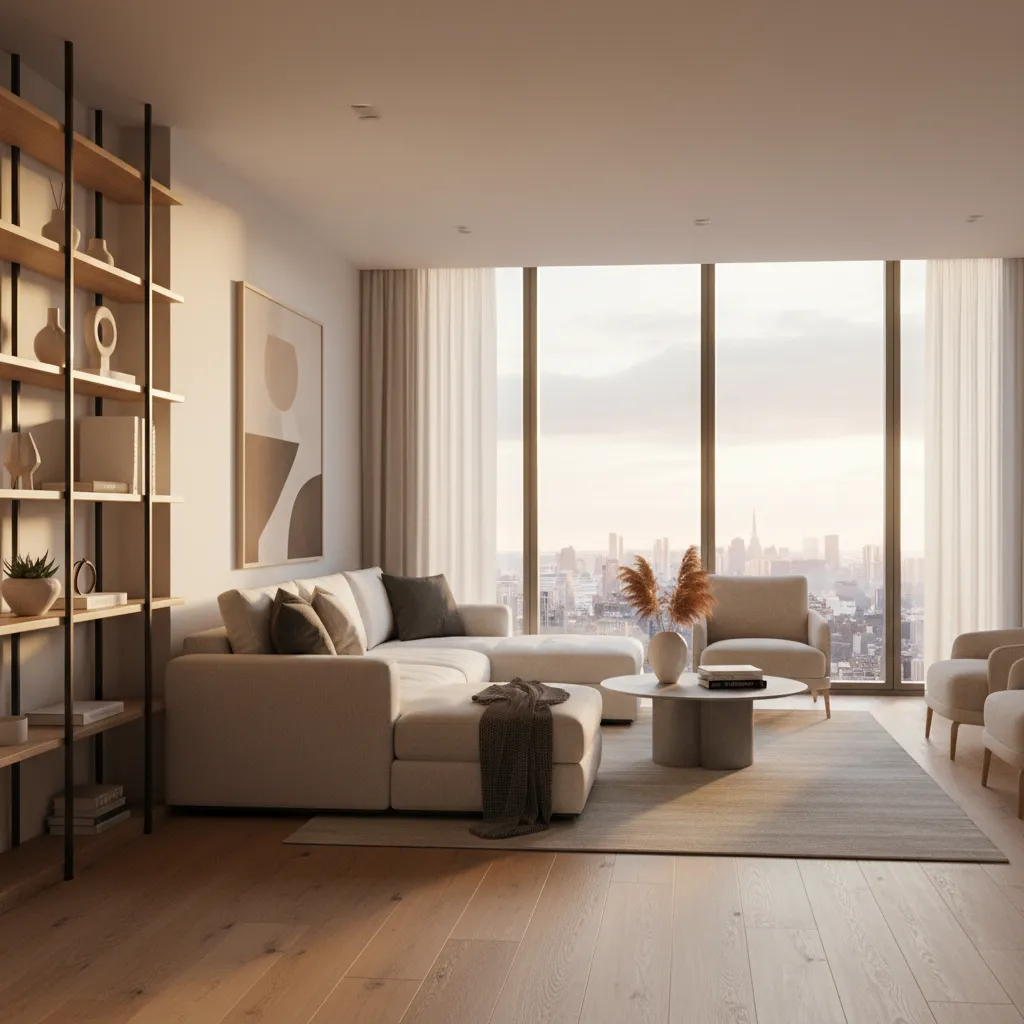 Modern living room with beige sofa, wooden shelves, coffee table, and city view from windows