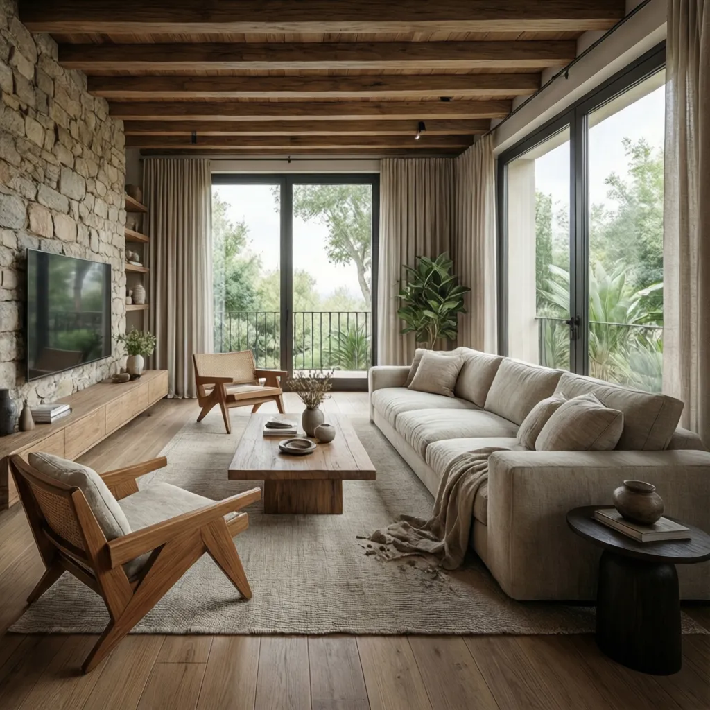 Render realista de un salón moderno generado por software de diseño