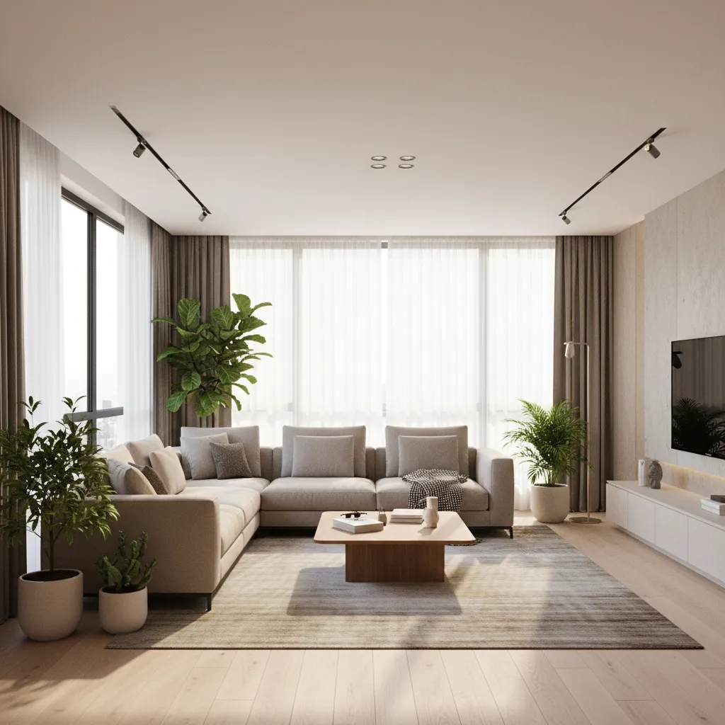 Photorealistic living room render created from a floor plan with furniture and natural lighting