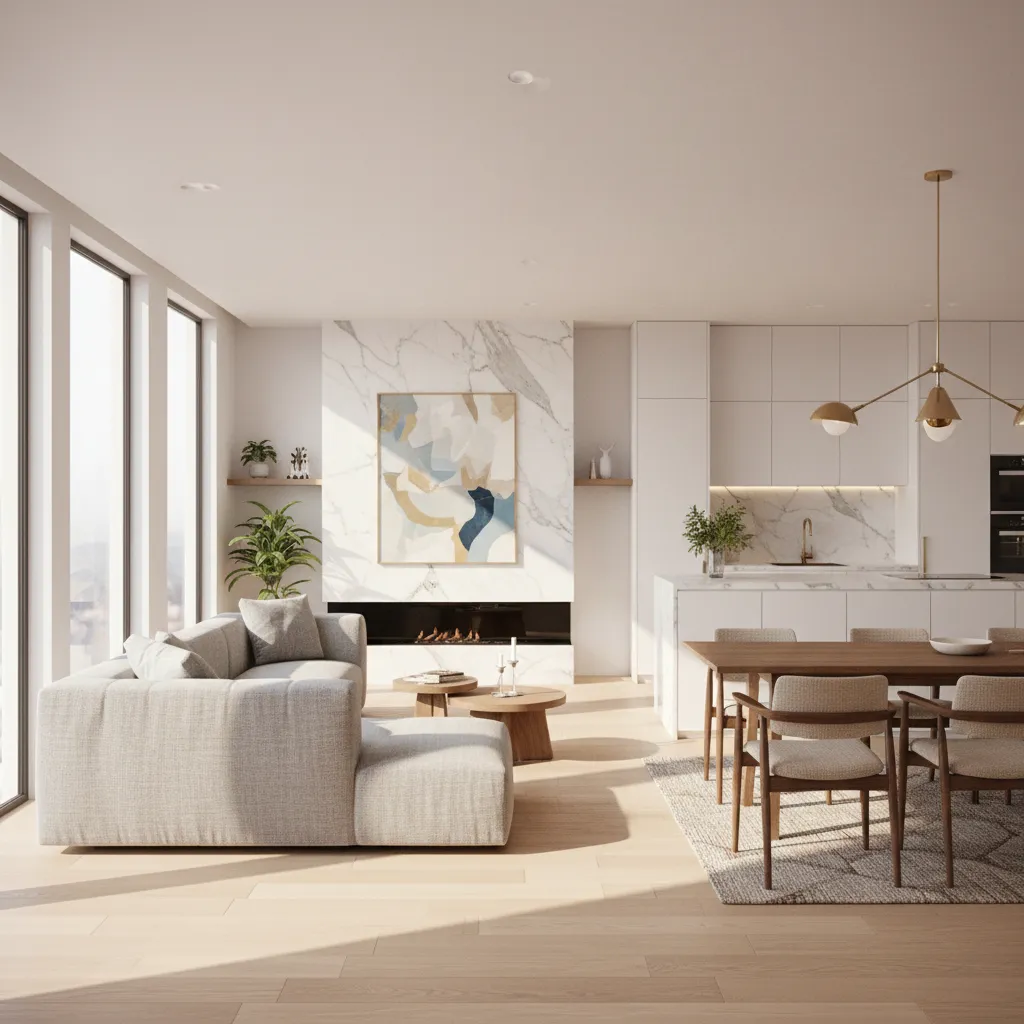 Render interior mostrando iluminación natural y materiales realistas