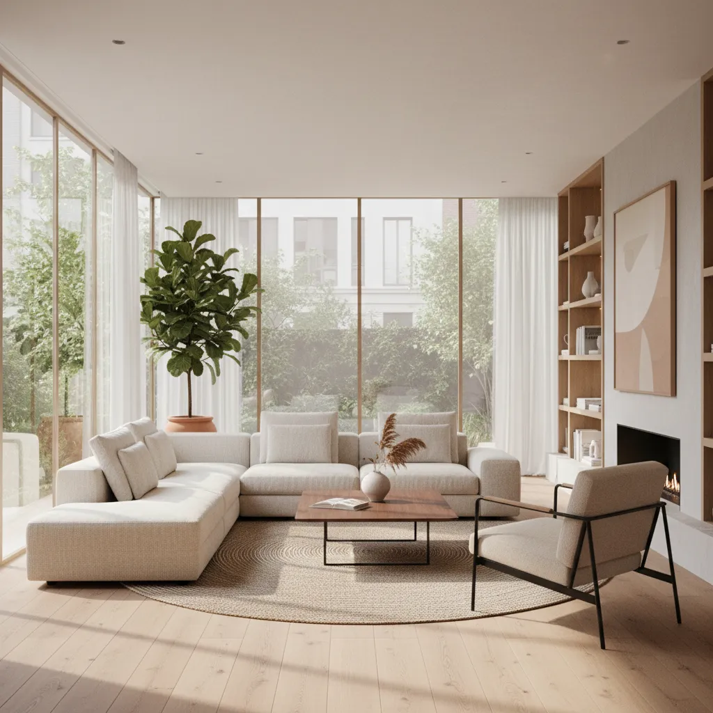 Photorealistic interior rendering with natural daylight, realistic materials and soft shadows