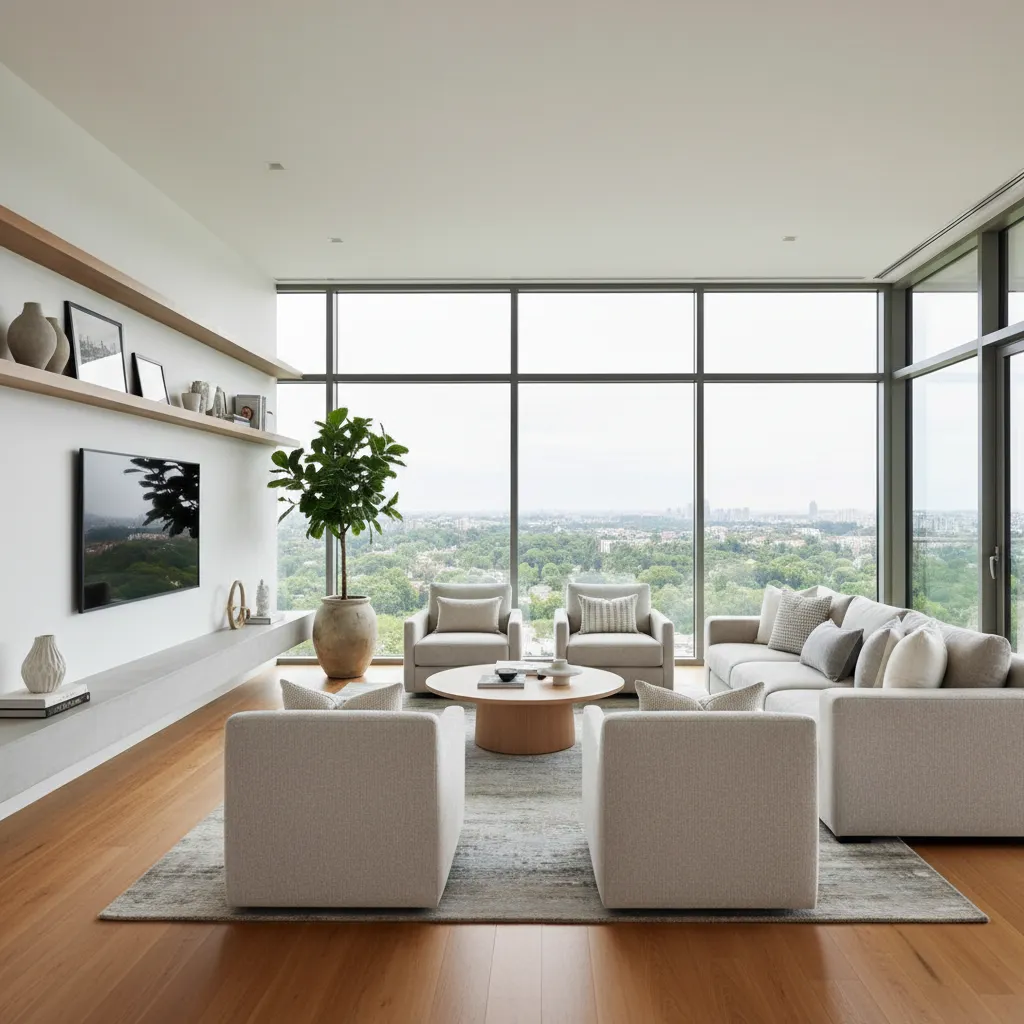 Render realista de una sala de estar moderna con iluminación natural