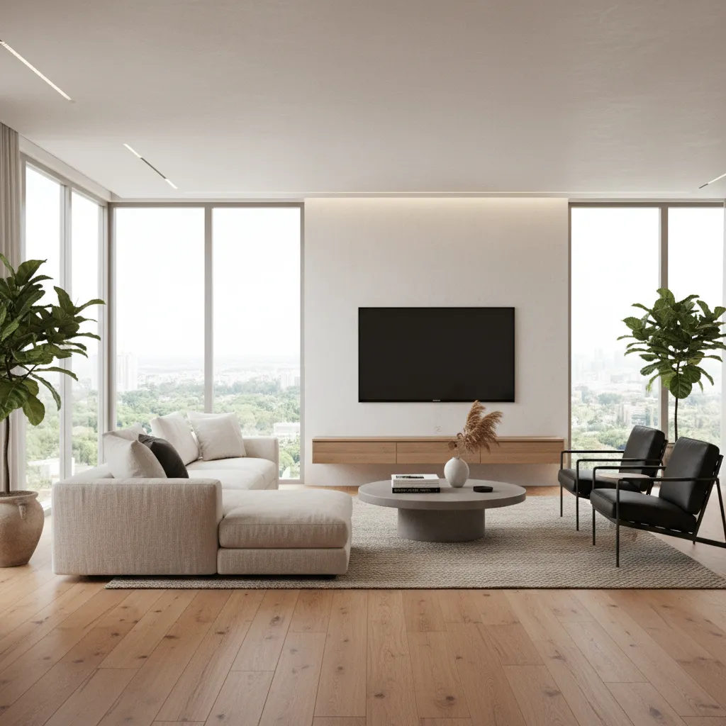 Render realista de salón moderno generado por software de diseño