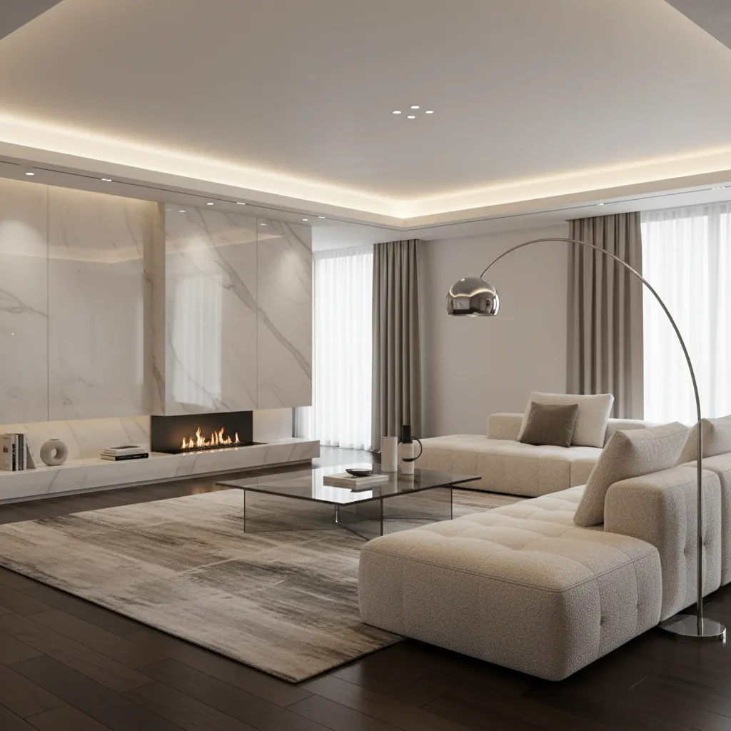 Photorealistic interior rendering showing detailed materials and lighting