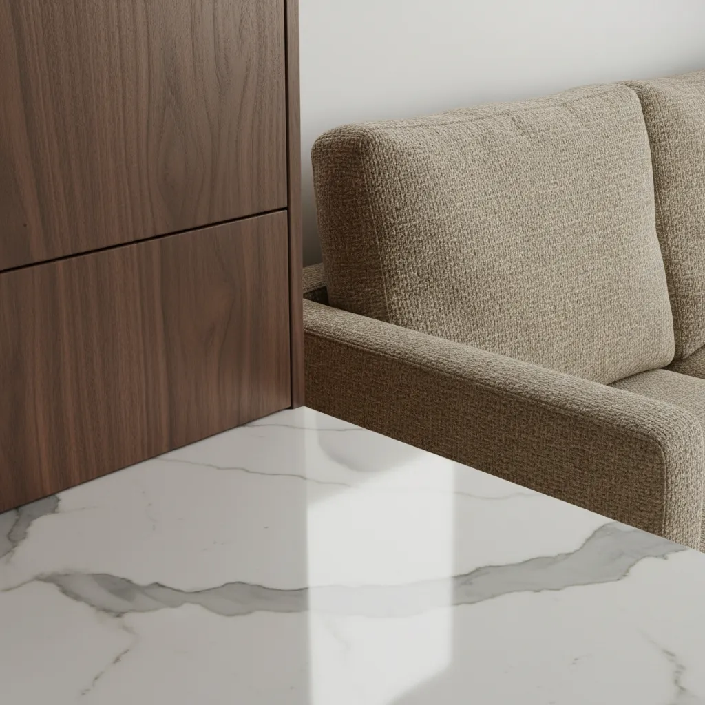 Close view of realistic wood marble and fabric materials in a 3D interior render