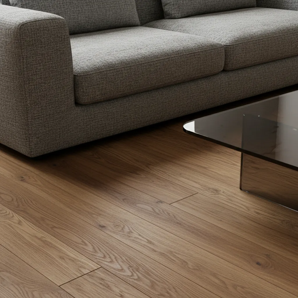 Close up of a grey fabric sofa on brown wood flooring beside a glass coffee table