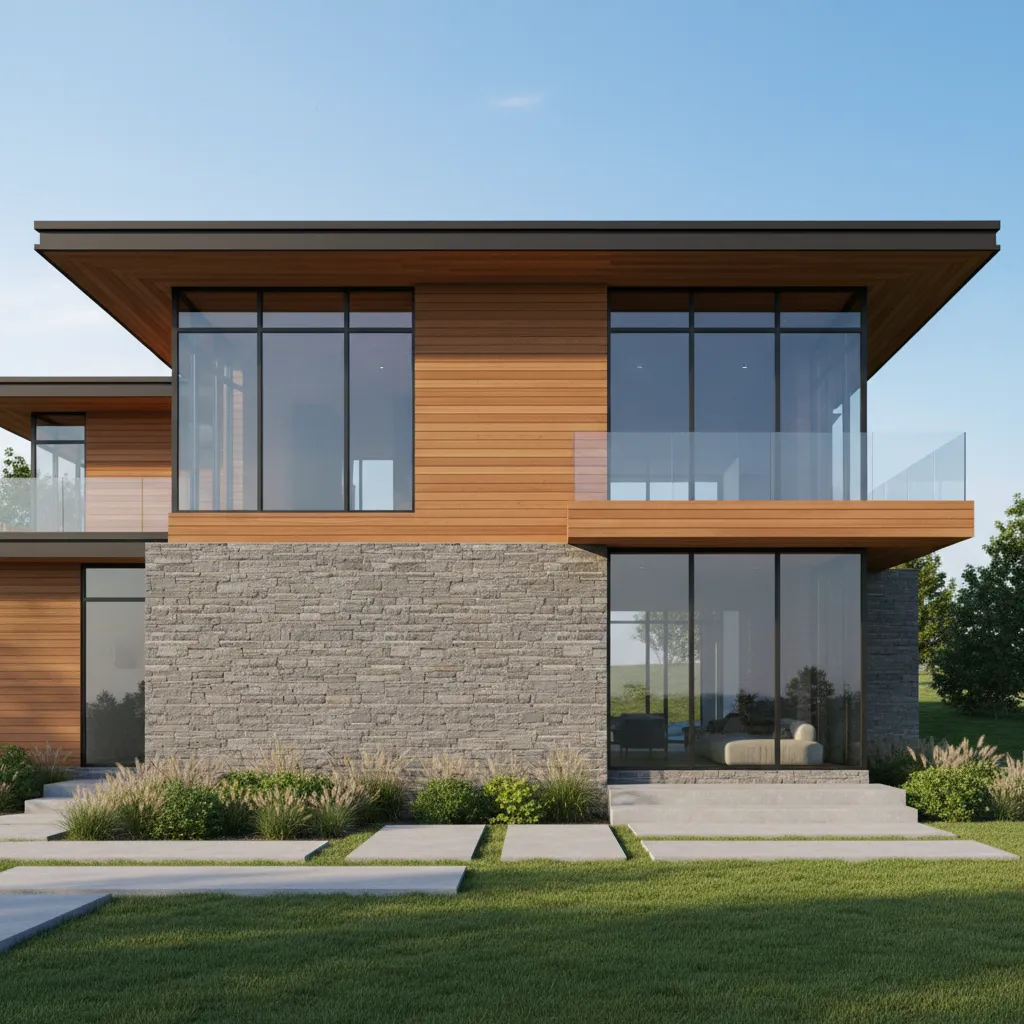 modern house elevation with realistic wood concrete and glass materials
