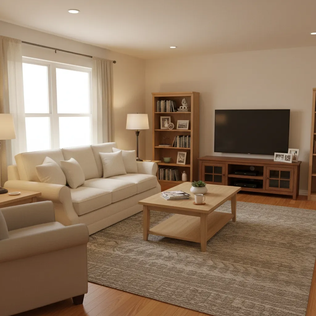 realistic suburban family living room with slightly tight furniture layout