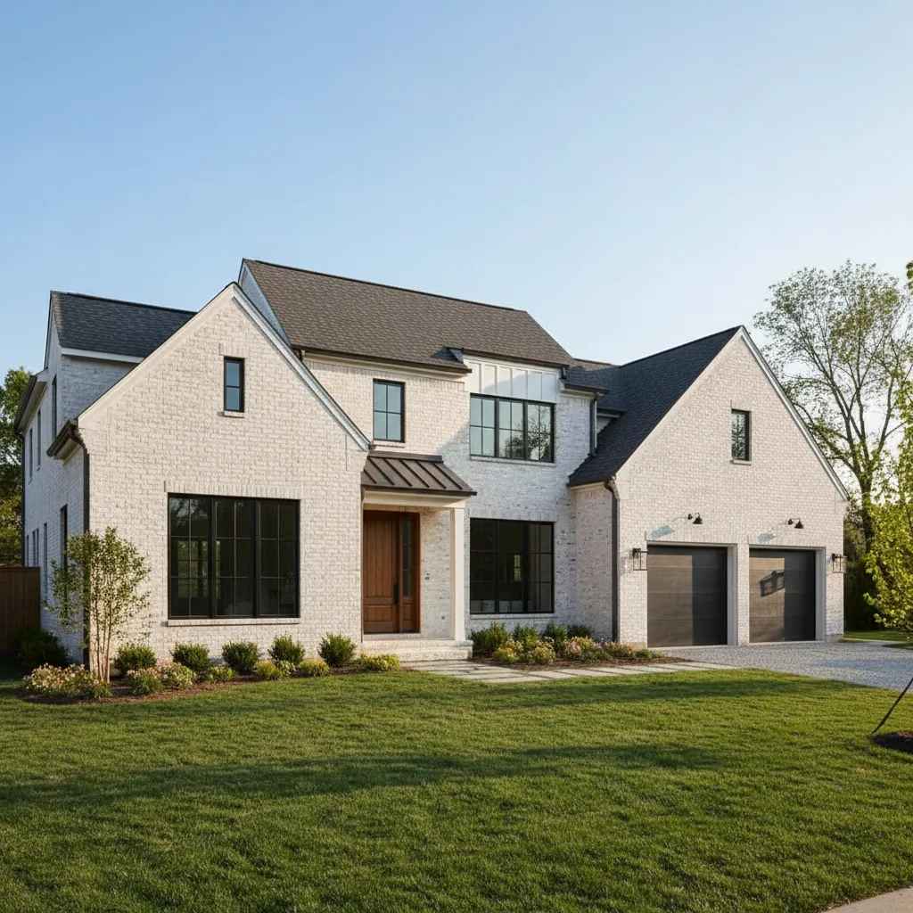 home exterior with freshly reapplied limewash finish on brick