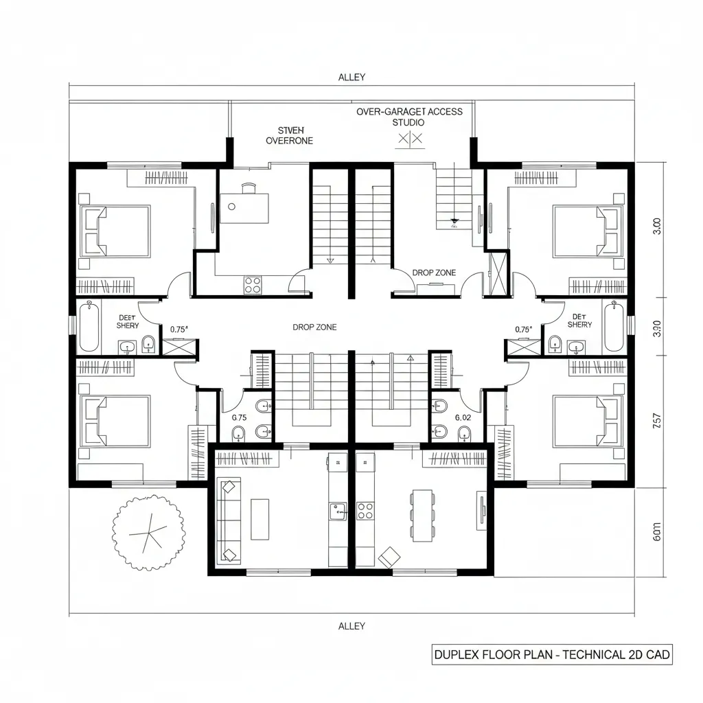 Top-down CAD plan with rear alley garages and over-garage studio layout