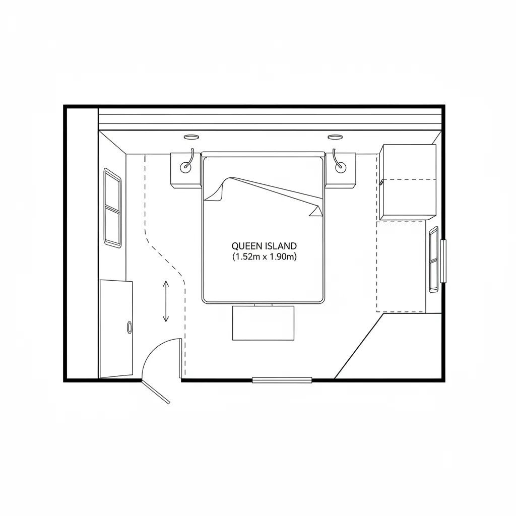 Top-down CAD plan of rear bedroom with queen bed and wardrobe slide