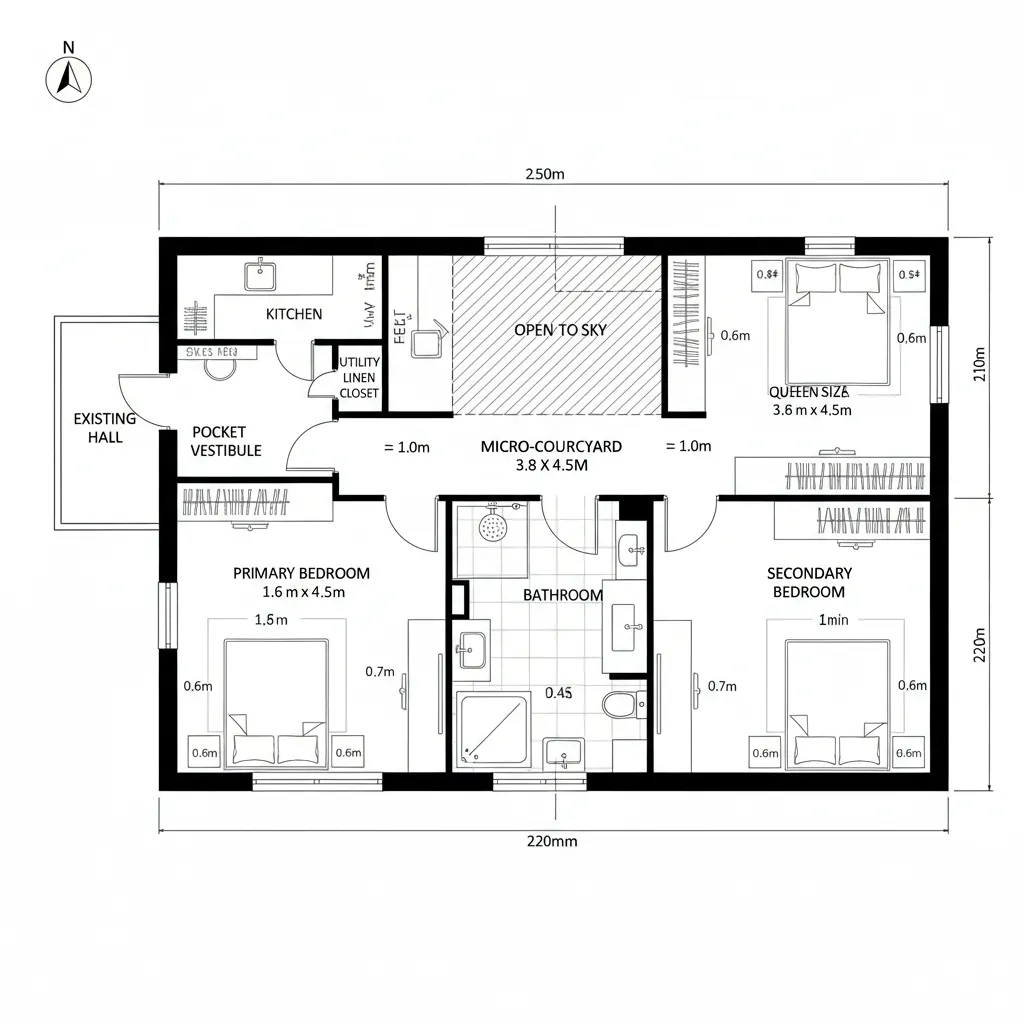 Simple 2D floor plan showing two bedrooms a kitchen a bathroom and a central courtyard