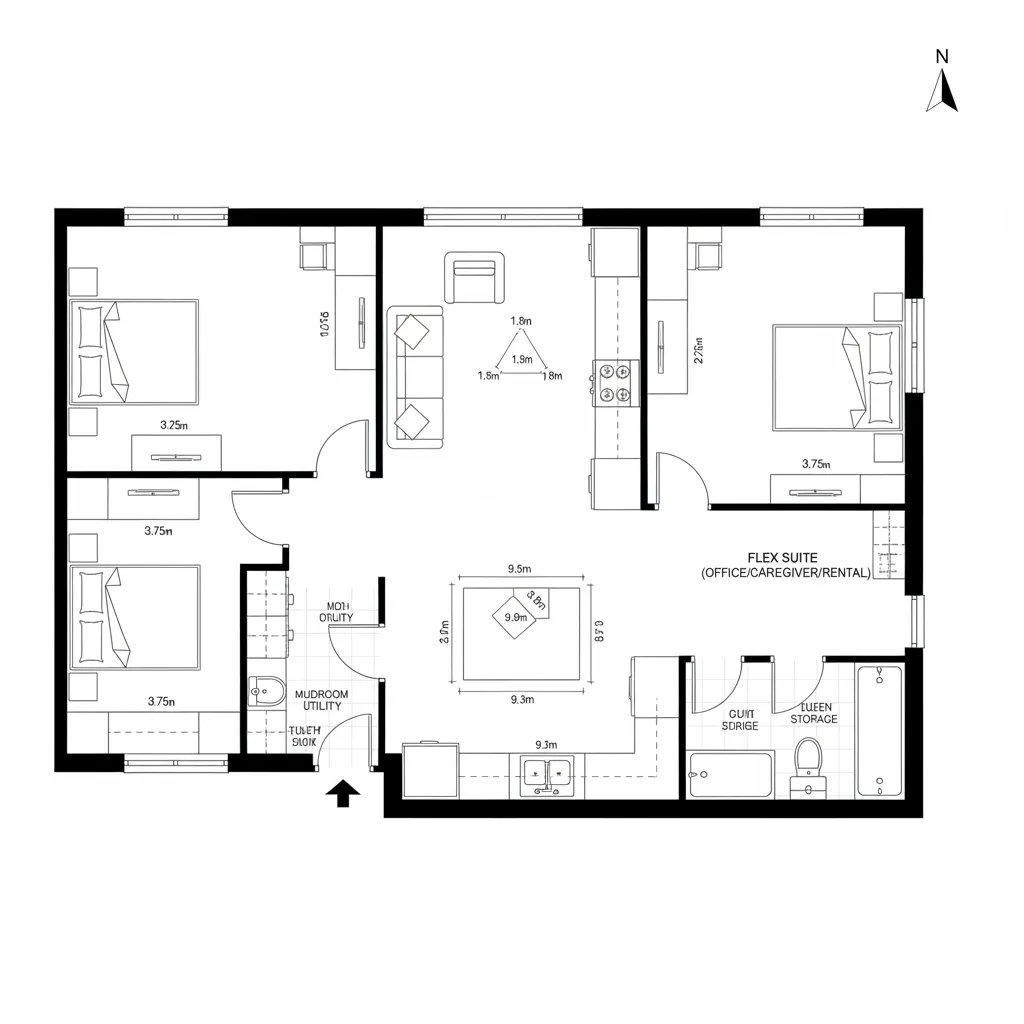 Detailed 2D floor plan layout showing three bedrooms kitchen living area and small office space design