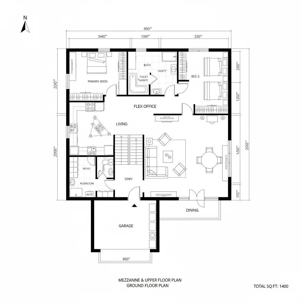 Interior design drawing of house layout featuring front garage living area kitchen office and two bedrooms