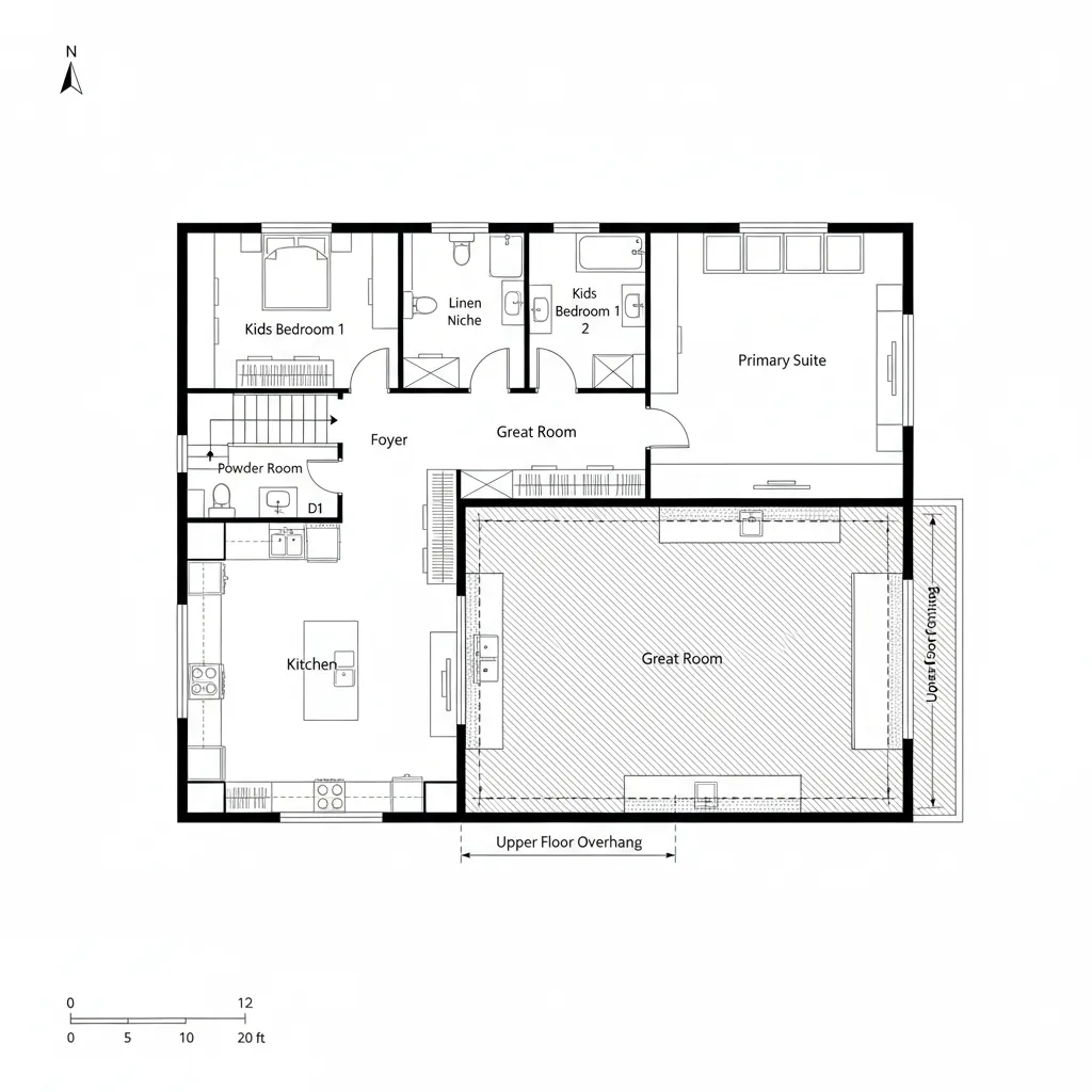 2D plan with rear great room, central courtyard stitch, and shaded outdoor link