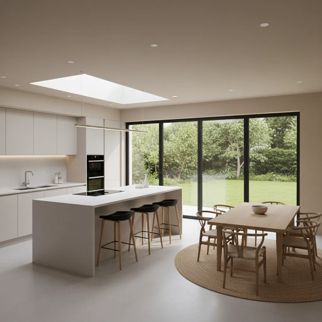 rear kitchen extension with open plan layout and island in a semi detached house
