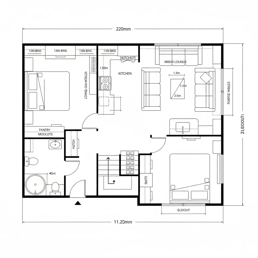 Top-down CAD plan of fifth wheel with rear kitchen, mid lounge, and front bath-suite