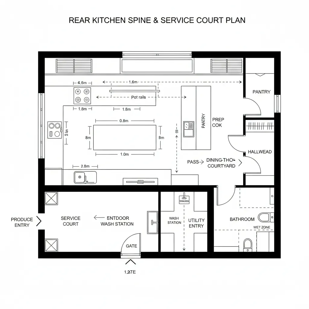 Kitchen floor plan with service court, pantry, bathroom, and labels showing room layout and dimensions