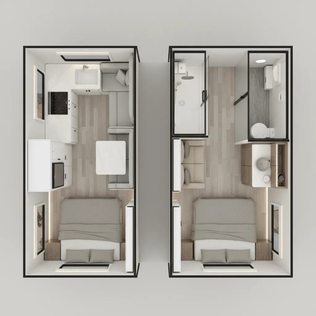 Comparison of rear kitchen and rear bathroom layouts in small travel trailers