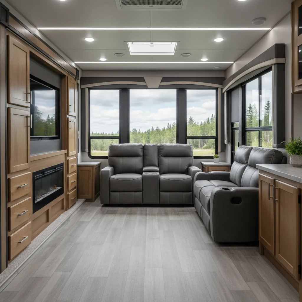 rear living travel trailer interior with panoramic windows and theater seating