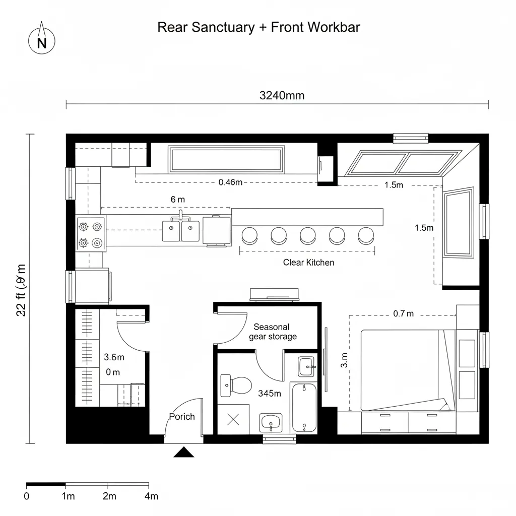 Top-down CAD plan with front workbar, linear kitchen, mid wet core, and rear bedroom with corner glazing