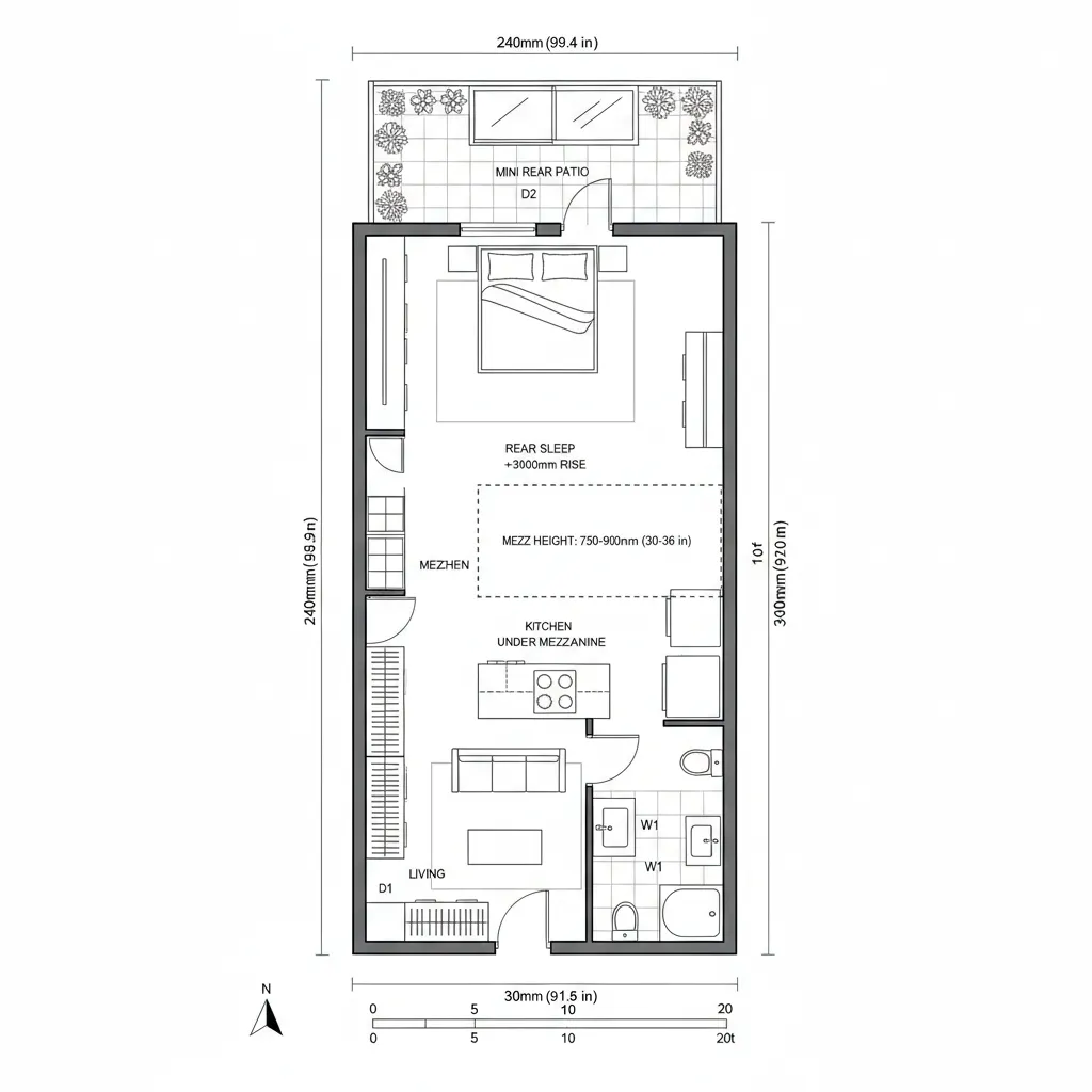 Top-down CAD plan of 10x30 ft with kitchen mezzanine storage, compact bath, rear bedroom and patio