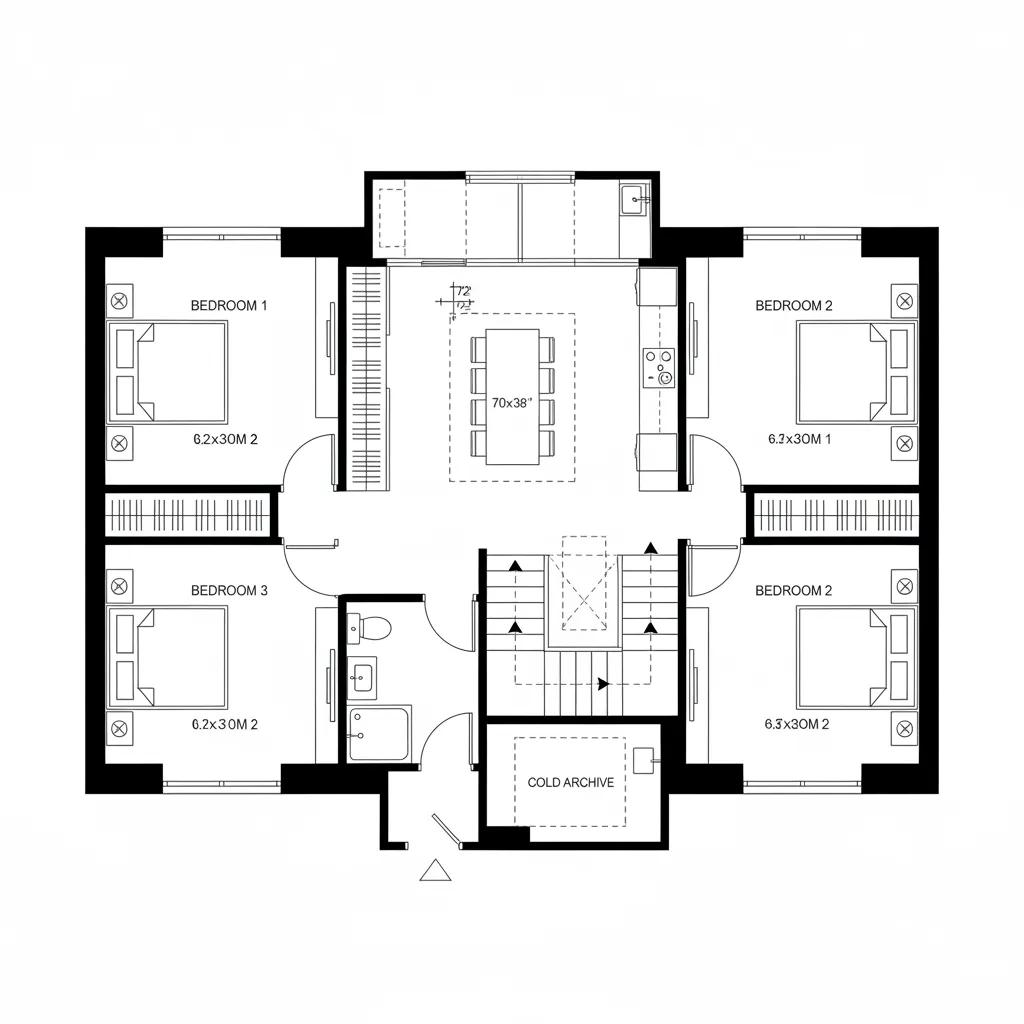 Top-down CAD plan of a 2 BHK with rear stair lightwell and gallery corridor