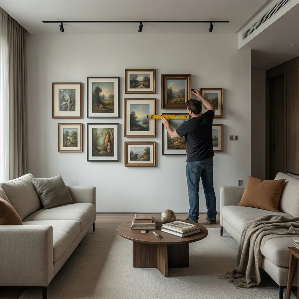 Designer adjusting gallery wall frames for better balance