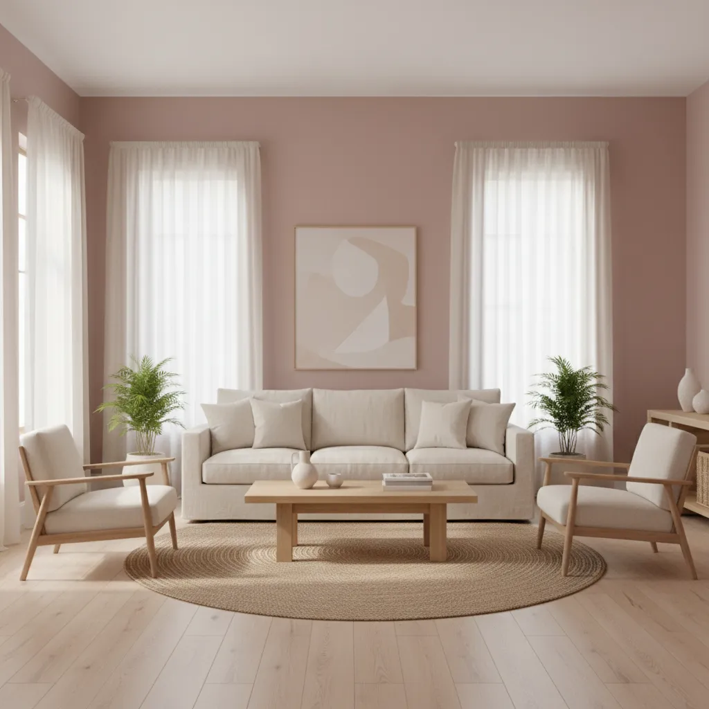 pink living room balanced with wood furniture and neutral textures