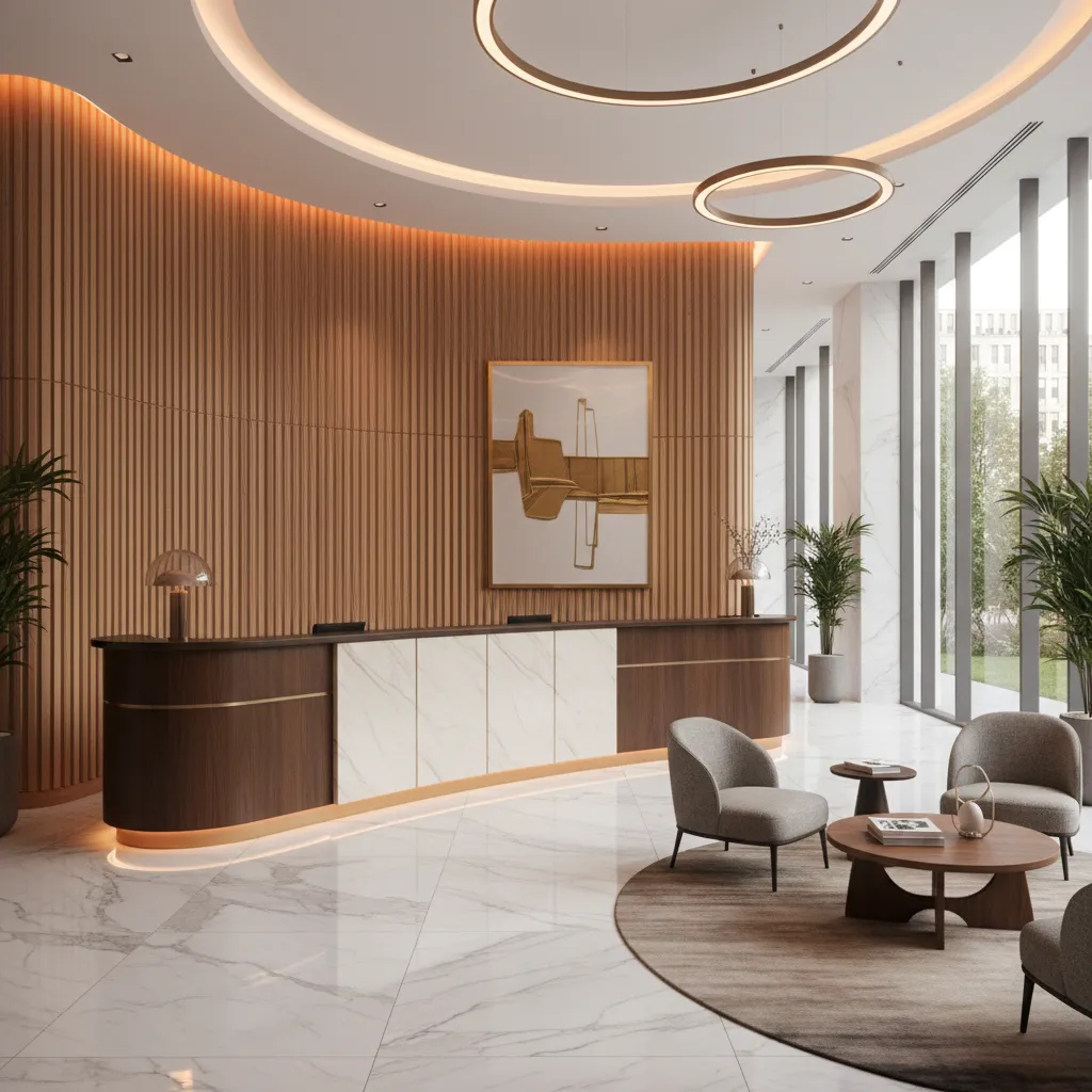Recepción moderna con mostrador curvo iluminado