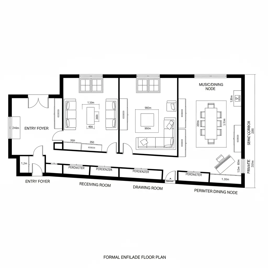 Top-down CAD plan of a formal enfilade reception spine with adaptive nodes
