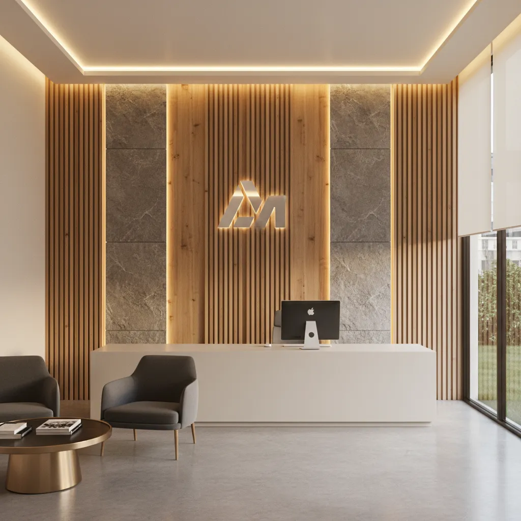Office reception wall featuring wood slats and stone materials