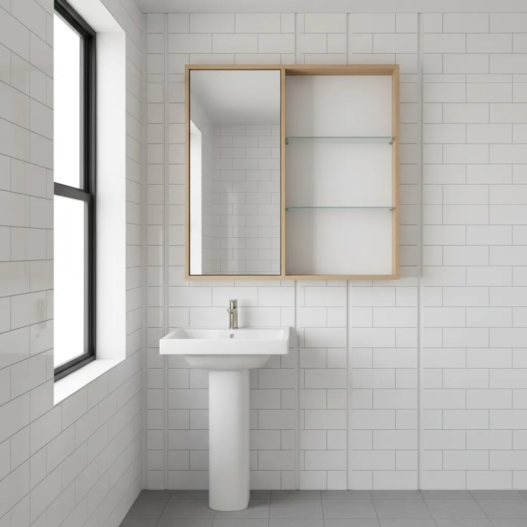 Recessed wall cabinet built between studs in bathroom wall