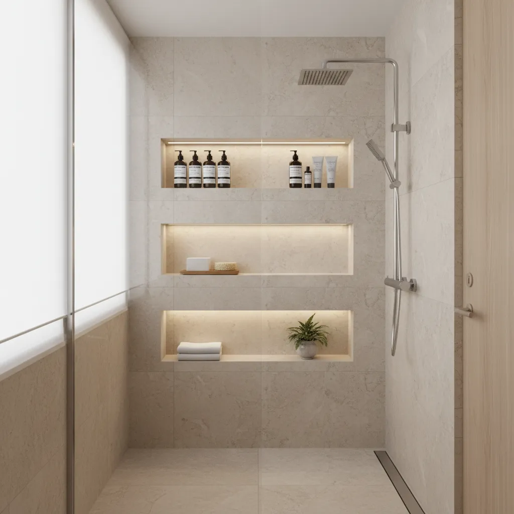 Built in shower wall niches providing recessed bathroom storage