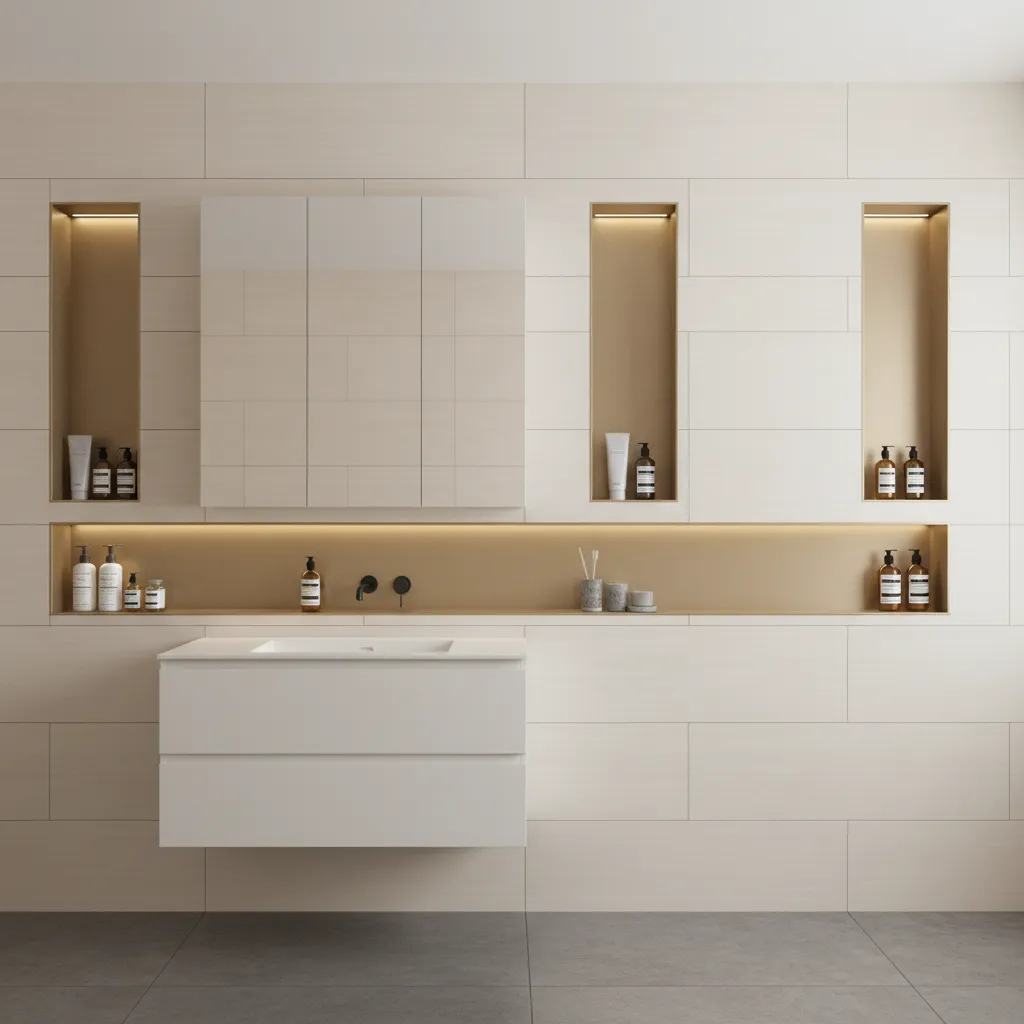 recessed wall niches and medicine cabinet storage in bathroom