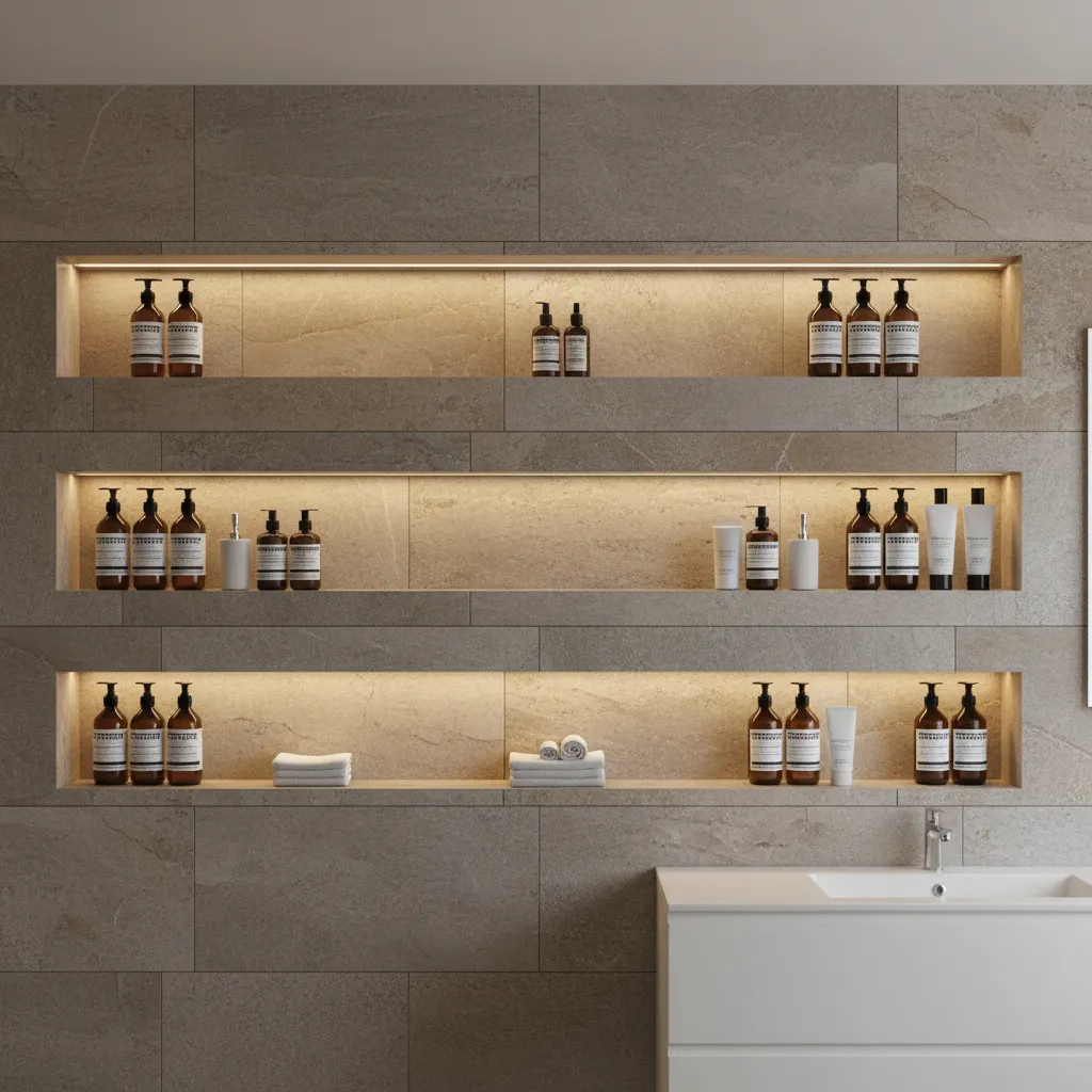 Built in recessed shelving niches in modern bathroom wall