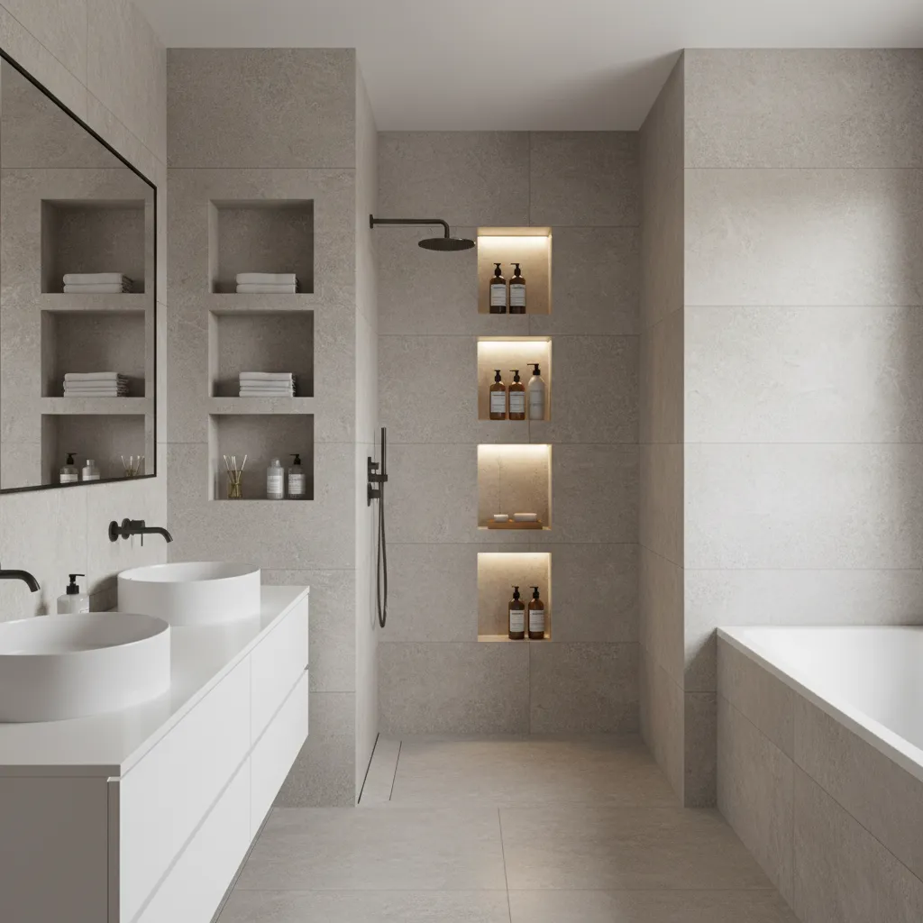 recessed wall niches and shelving storage in modern bathroom