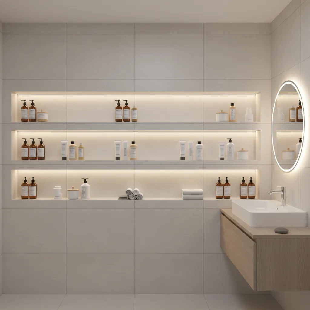 recessed shelf niche built into bathroom wall storing toiletries