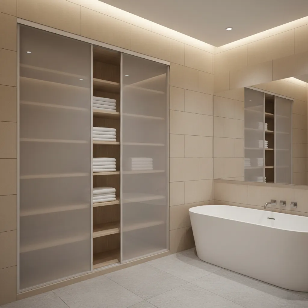 recessed wardrobe storage built into bathroom wall niche