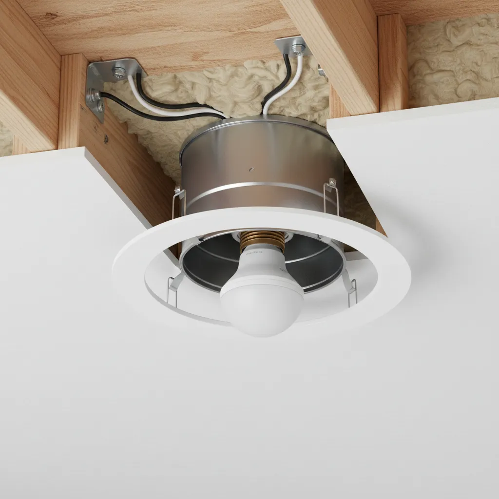 cutaway diagram showing recessed can housing installed inside a ceiling