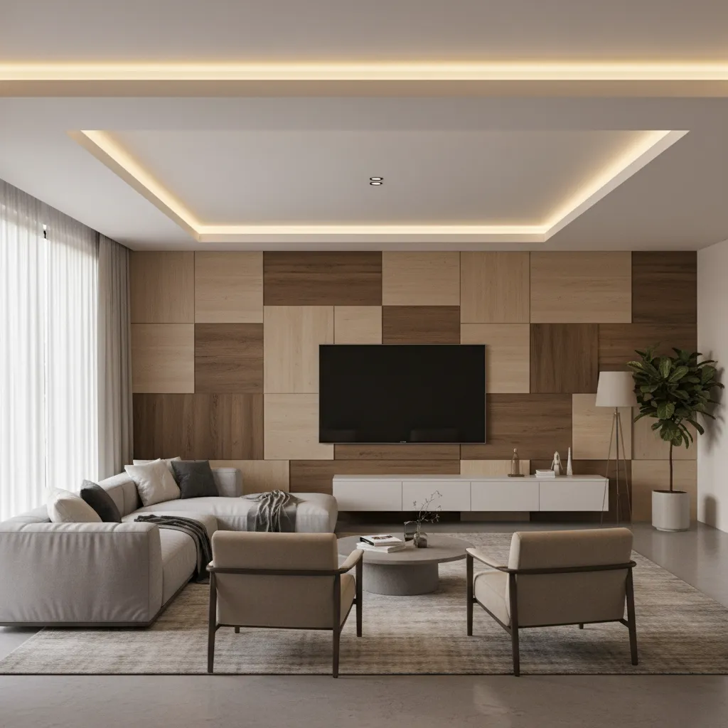 Living room with recessed ceiling frame aligned with seating area