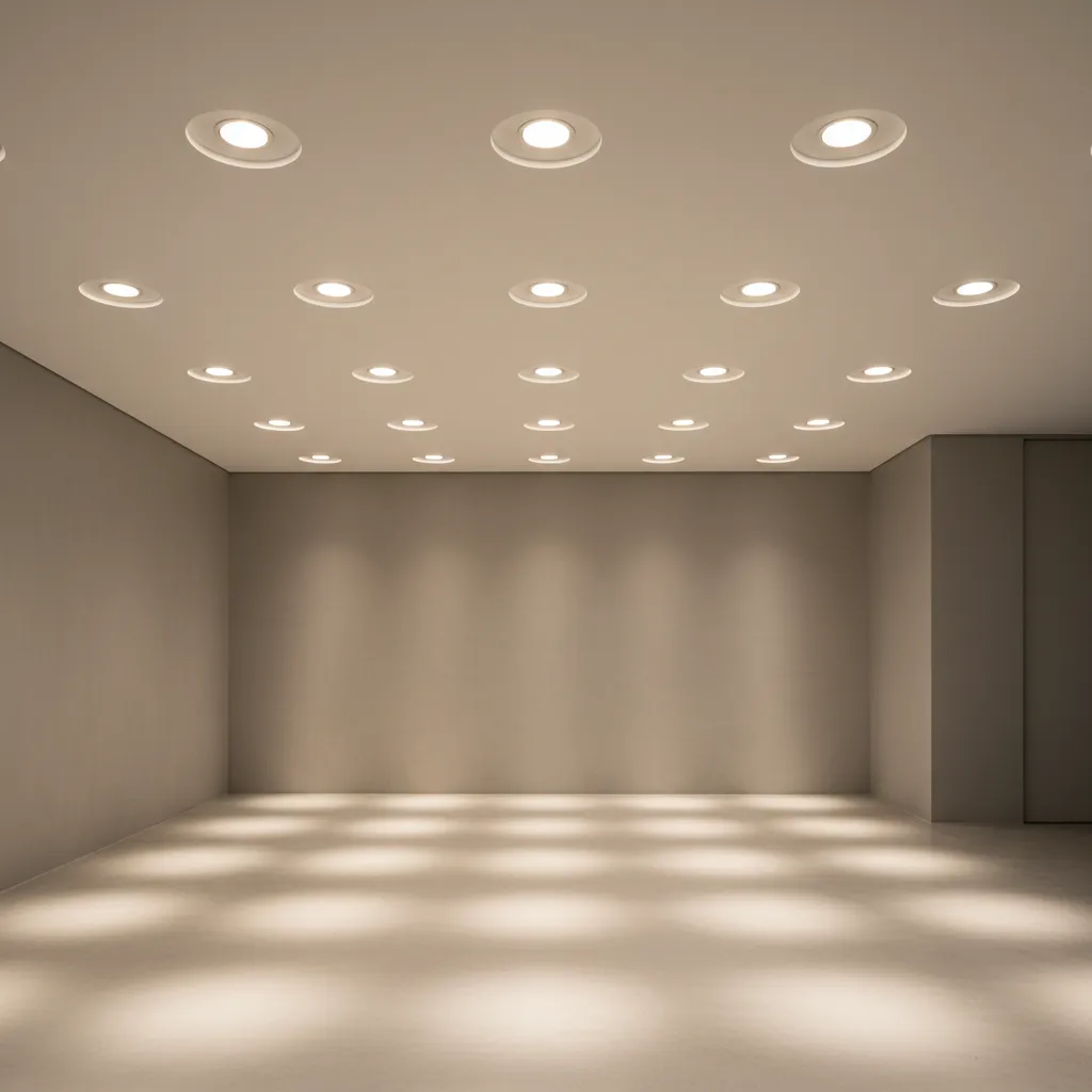 Ceiling with multiple recessed downlights creating circular light pools
