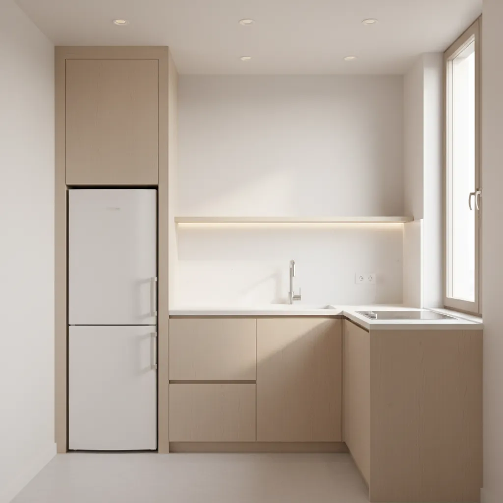 small kitchen with recessed refrigerator built into wall niche
