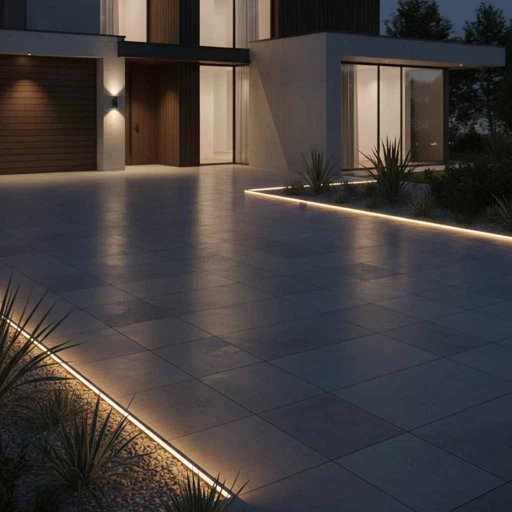 modern driveway with recessed ground lights embedded along the edge