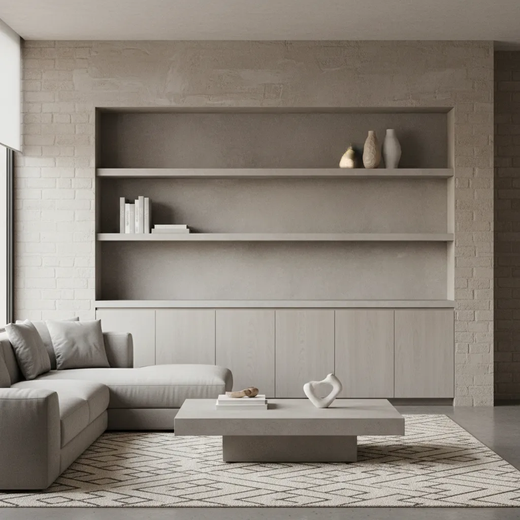 recessed cement cupboard built into living room wall with shelves and cabinets