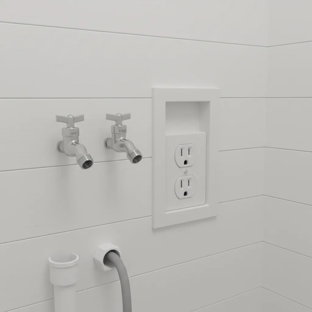 Recessed electrical outlet box installed behind washing machine connection area