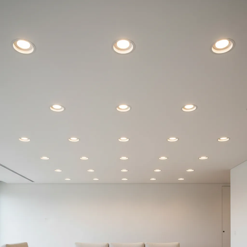 Recessed LED ceiling lights installed in a modern drywall ceiling