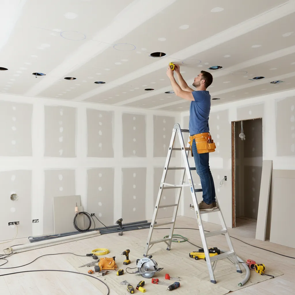 Ceiling with marked recessed lighting layout before drilling holes