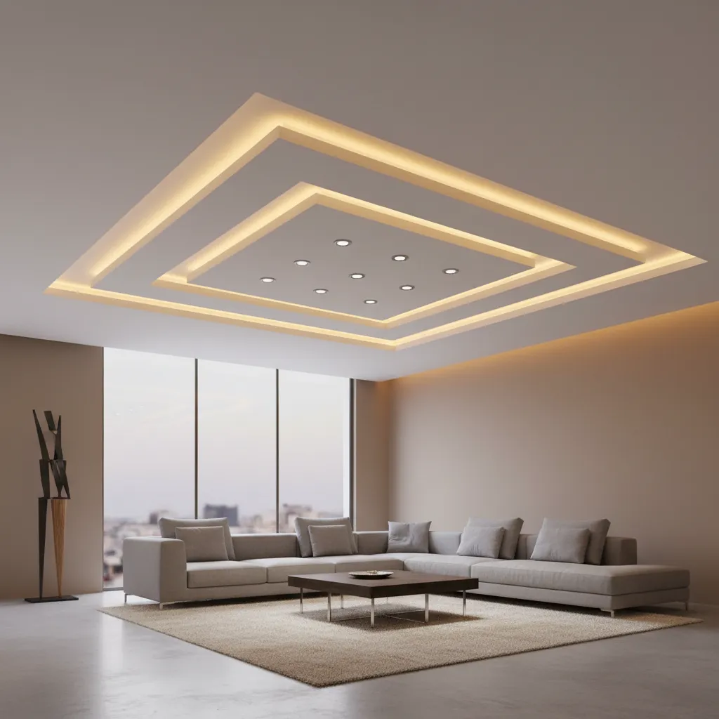 Modern false ceiling with recessed lights and LED cove lighting